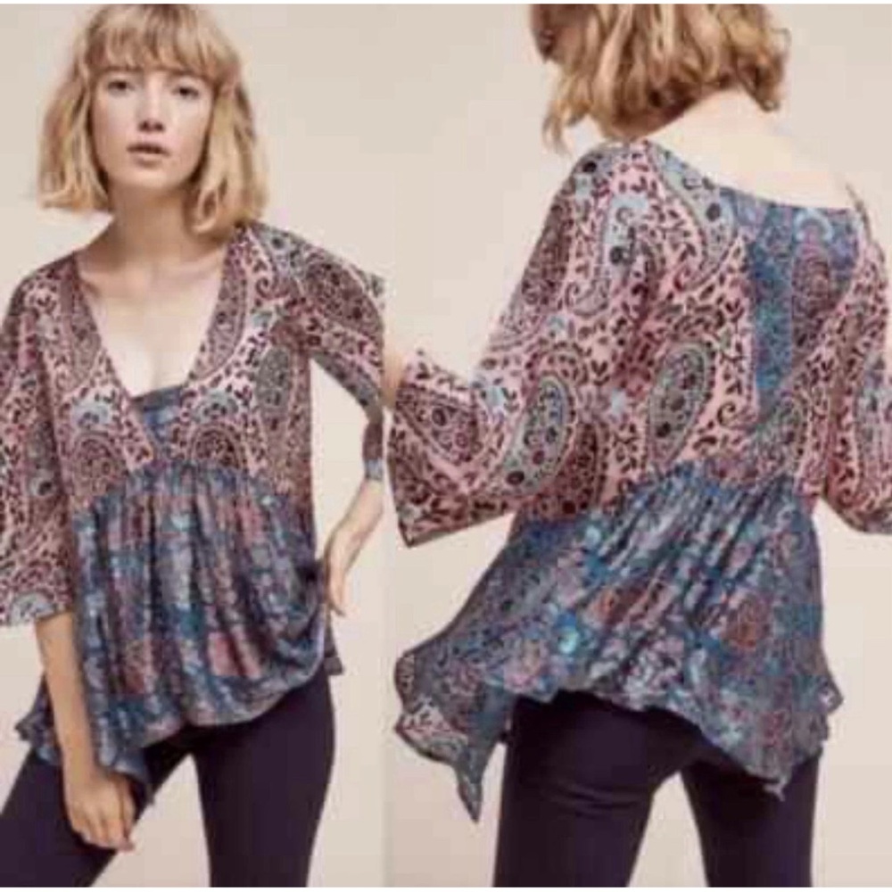 Floreat Anthropologie Silk Blend Boho Swing Velvet  Burnout Blouse Teal Pink L